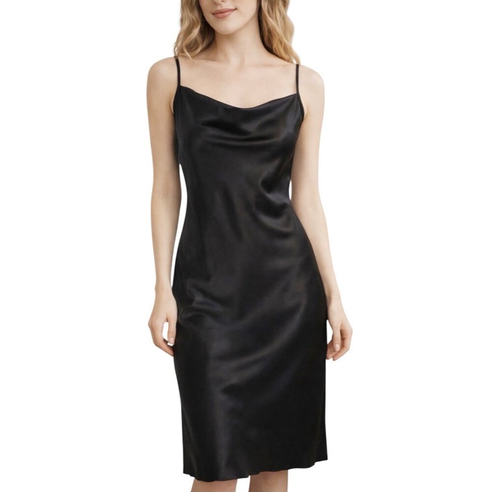 Bebe Black Satin Cowl Neck Slip Dress Size Small Adjustable Spaghetti Straps